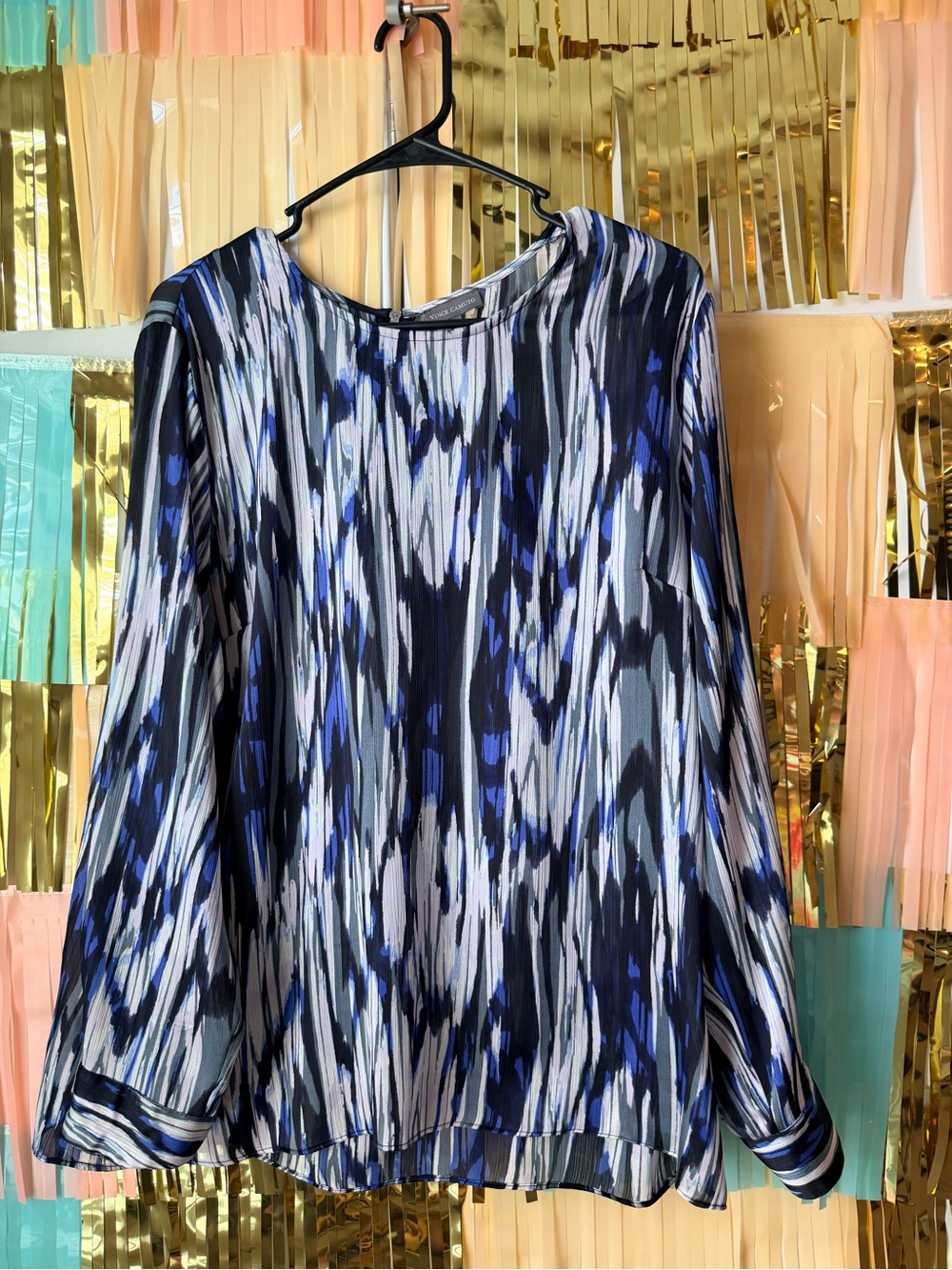 Vince Camuto Blue, Black & White Abstract Print Long-Sleeve Blouse